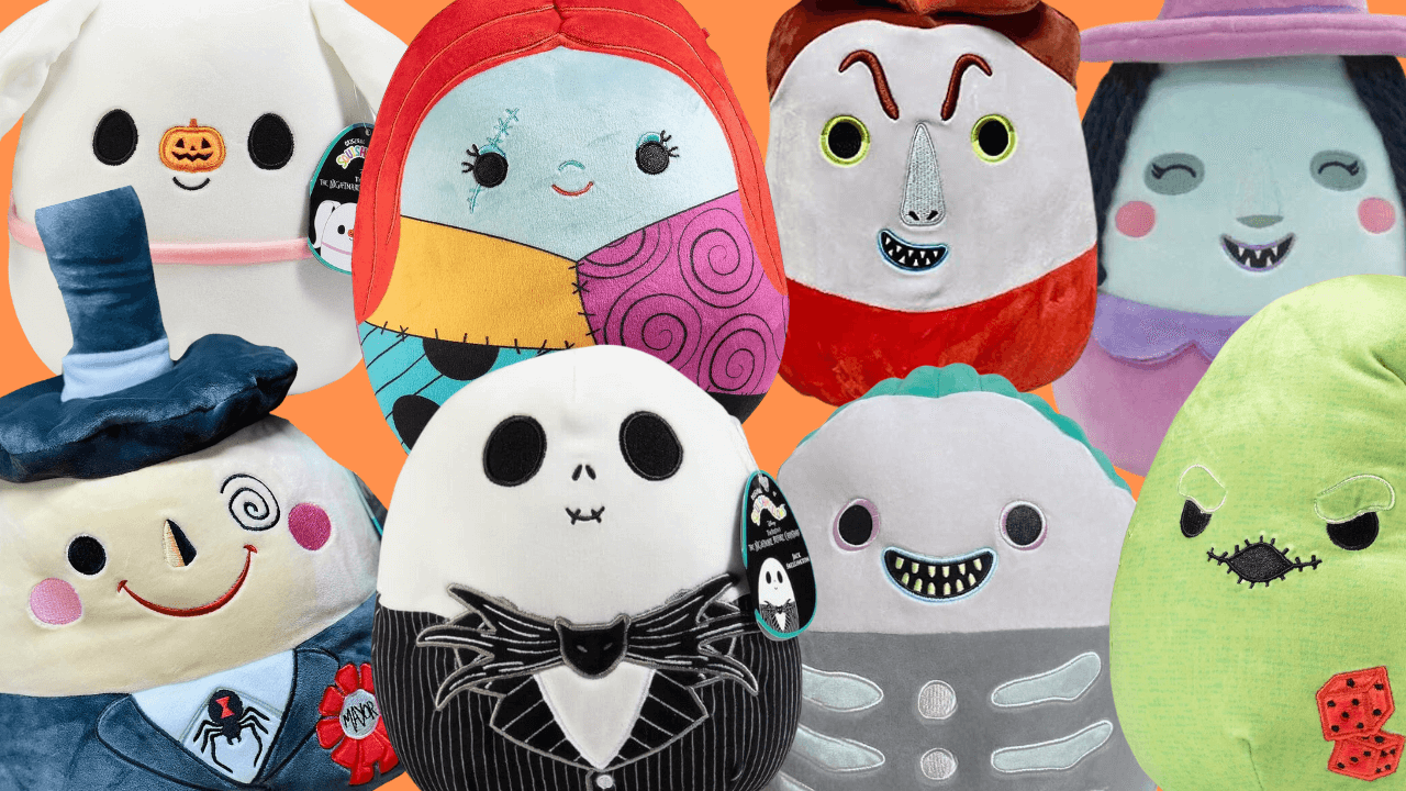 A cute and cuddly Halloween Hugmee Squishmallow featuring characters from Nightmare Before Christmas.