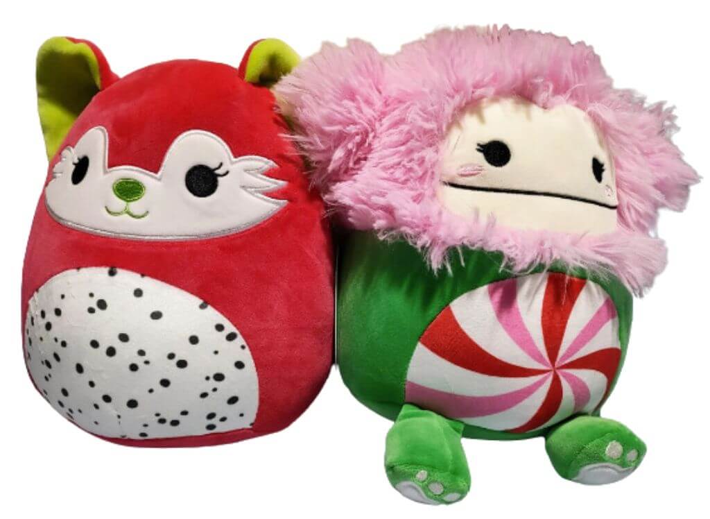 Rozen the Dragonfruit Fox and Astrud the Peppermint Bigfoot Squishmallows
