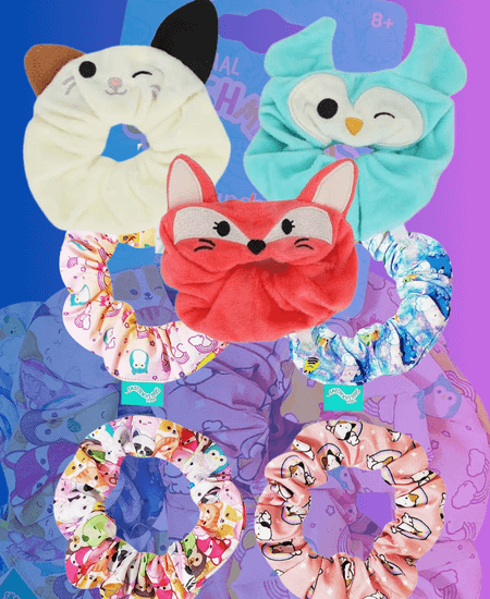 Squishmallow Character and Patterned Hair Scrunchies